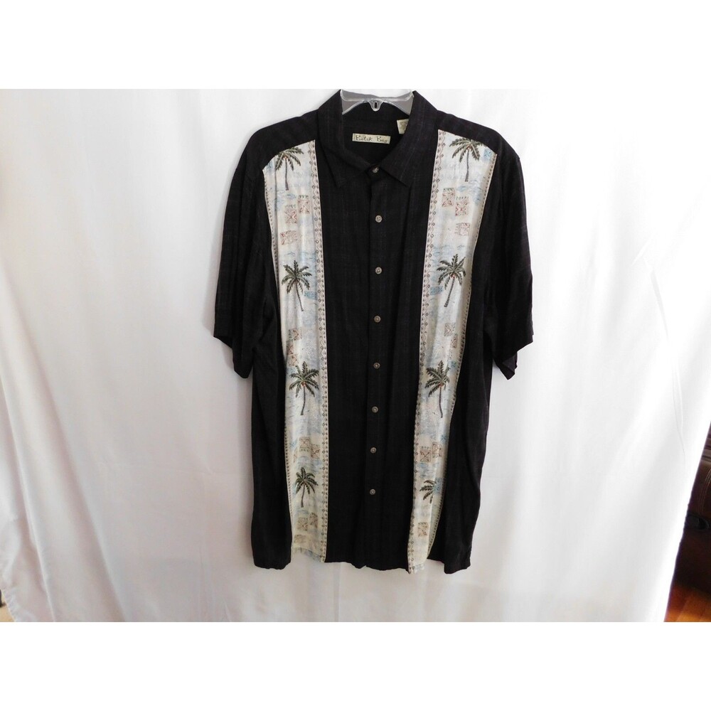 Batik Bay Mens Hawaiian Black Palm Button Front Rayon Soft Lightweight Size XLT